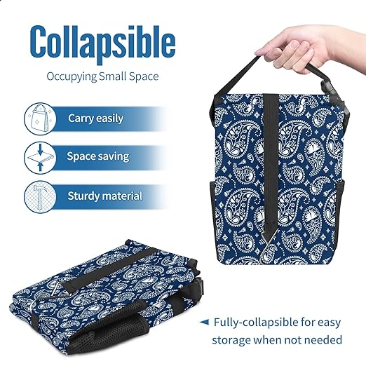 Car Trash Can Vintage Indian Paisley Navy Blue Auto Garbage Bag Car Trash Can with Lid Leak-Proof Car Storage Bag Garbage can Hanging for Headrest Collapsible and Portable with Storage Mesh Pocket