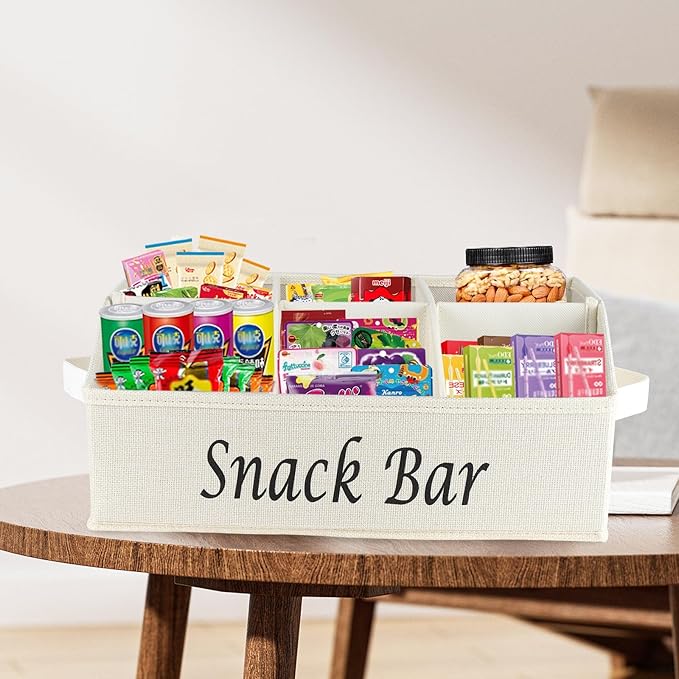 Snack Organizer for Countertop, 6 Compartment Snack Storage with Side Handle, 2 Pack Fabric Snack Basket Container, Lightweight Snack Bar Station Organizer, Kitchen Pantry Storage, Beige/Gray