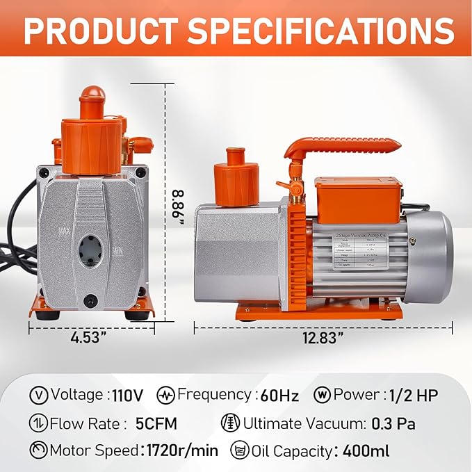SUNROAD HVAC Air Vacuum Pump Set, 5 CFM 1/2HP A/C Refrigeration AC Manifold Gauge Kit for R410A R134a R12 R22 R502 Auto Air Conditioning Refrigeration Recharging