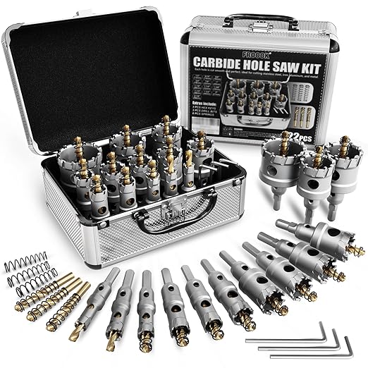 22PCS Carbide Hole Saw Kit for Metal - Heavy Duty TCT Hole Cutter Drill Bits Set with Titanium Pilot & 3 L-Wrench, for Stainless Steel,Iron,Aluminum,Metal