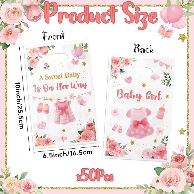 50Pcs Pink Floral Baby Shower Party Favor Bags, A Sweet Baby is on Her Way Goody Treat Bags, It's a Girl Pink Plastic Candy Gift Pack Party Supplies Decoration