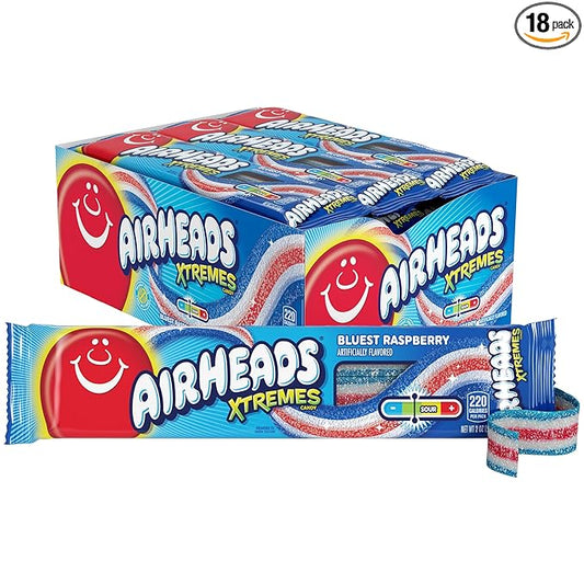 Airheads Xtremes Belts, Halloween Trick or Treat Sweetly Sour Candy, Bluest Raspberry, Non-Melting, Movie Theater, 2 oz, 18 Count (Pack of 1)