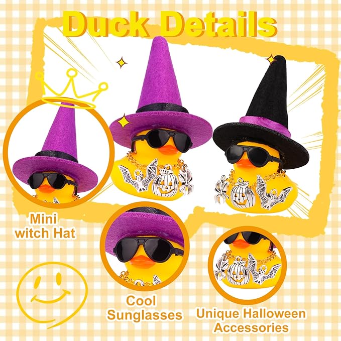 Rubber Duck Car Ornaments Yellow Duck Car Dashboard Decorations with Mini Witch Hat Sunglasses Necklace and Cute Accessories for Party Gifts(H4)
