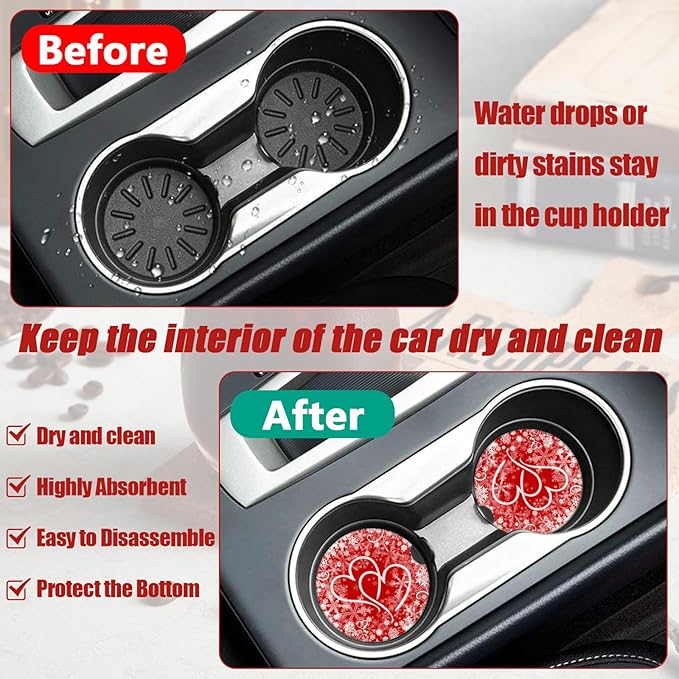 Valentines Love Heart Car Coasters for Cup Holders, Absorbent Ceramic Car Coaster Car Cup Holder Coaster Car Accessories for Women Men (2 Pack)