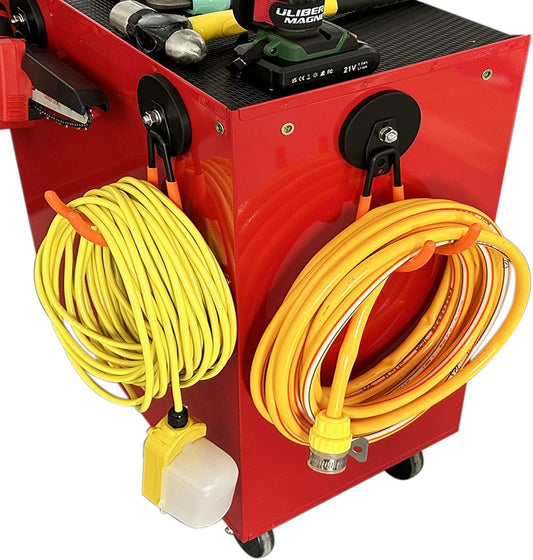 ULIBERMAGNET Strong Magnetic Hooks,2 Pack Heavy Duty Large Magnetic Hooks for Extension Cord, Cable, Hose, Power Cord,Rope,Drill,Jig Saw,Circular Saw,Garden Lawn Tools (Orange/3.46inch)