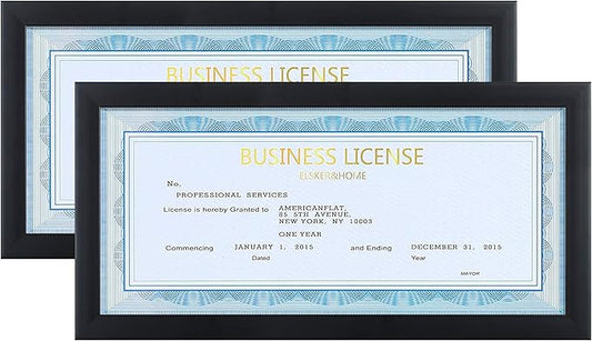 ELSKER&HOME 4x9 Business License Frame Black for 4 x 9 Standard Business Licence, Wall or Tabletop Display Panoramic Picture with No Mat (2 Pack)