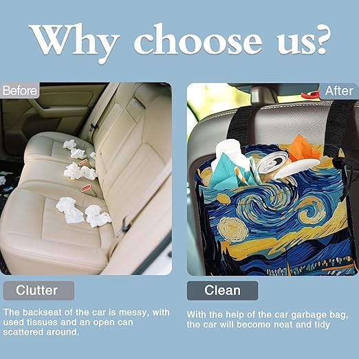 Vintage Starry Sky Car Trash Bag,Night Town Hanging Drawstring Car Garbage Bag,Canvas Car Back Seat Organizer with Adjustable Buckle for Men and Women