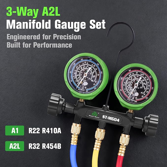 Super Stars A2L Manifold Gauge Set, (psi °F) R32/454B/410A/R22, 3-1/8" Gauges with 60 inches Hoses