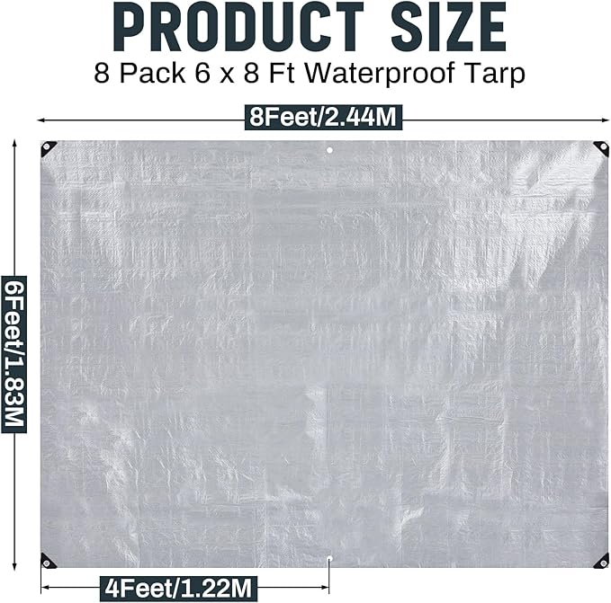 8 Pack 6 x 8 ft 5.5 Mil Large Tarps Heavy Duty Waterproof Tarp Multi Purpose Tent Cover for Home Boats Cars Camping Patio Furniture Roof Emergency Rain Protective Cover, Silver