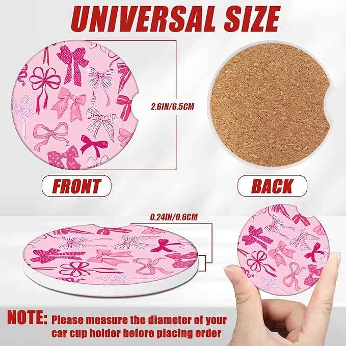 Pink Bow Car Coasters for Cup Holders, Absorbent Ceramic Car Coaster Car Cup Holder Coaster Car Accessories for Women Men (2 Pack)
