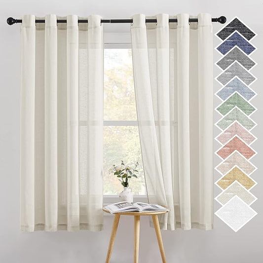 NICETOWN Linen Sheer Curtains 63 inch Length for Bedroom, Grommet Top Linen Blend Semi Sheer Privacy Window Treatment Light Filtering for Living Room, Natural, 52" W x 63" L, Set of 2