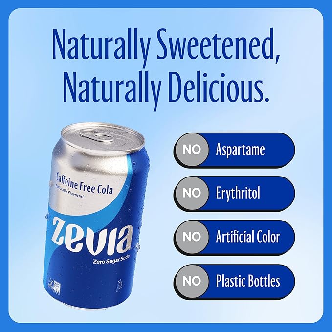 Zevia Zero Sugar Soda, Caffeine Free Cola, 12 oz Cans (24-Pack) – Naturally Sweetened, Zero Calorie Sugar Free Soda - Non-GMO Project Verified, Gluten-Free, Vegan