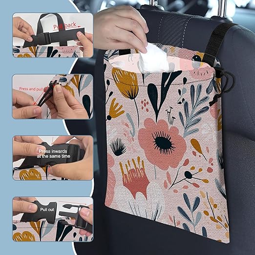 Vintage Colorful Flowers Car Trash Bag,Strap Drawstring Car Garbage Bags,Car Back Seat Organizer with Adjustable Buckle for Car Accessories