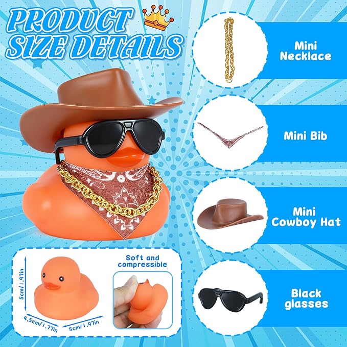BOZILY Cowboy Rubber Duck Car Dashboard Decor - Brown Hat, Glasses, Necklace & Scarf, Squeaky Silicone Duck Ornament for Stress Relief, DIY Fun Car Accessory