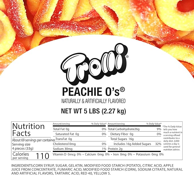 Trolli Peachie O's Sour Gummy Rings Candy, 5 Pound Bulk Bag (Pack of 2)