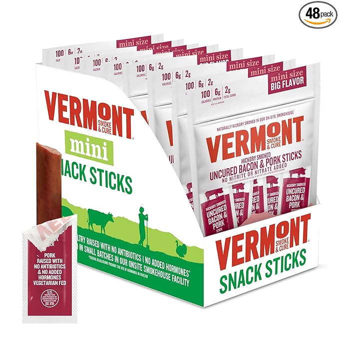 Vermont Smoke & Cure Meat Sticks - Hickory-Smoked Uncured Pork Bacon Sticks Protein Snacks, No Antibiotics or Added Hormones, Hiking Snacks - 0.5 oz, 48 ct
