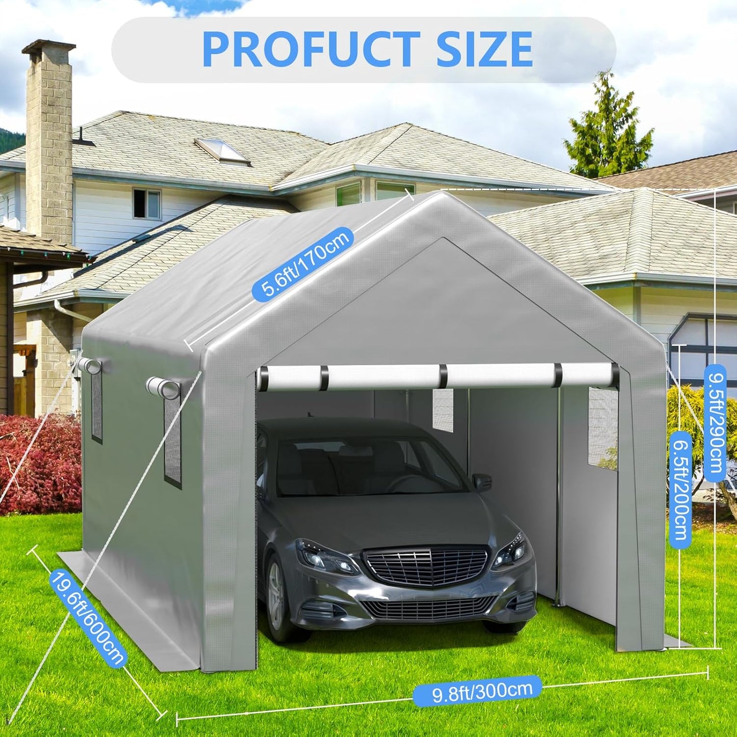 Carport 10x20 ft Heavy Duty with Roll-up Windows, Portable Garage with Removable Sidewalls & Doors, Car Canopy with Sandbags All-Season Tarp for Car Boat Truck Motorcycle
