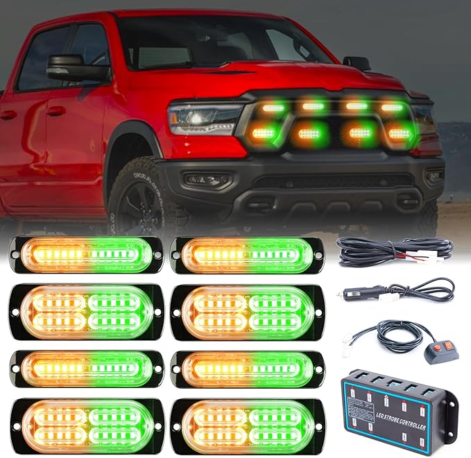 8pcs Sync Feature Emergency Strobe Grille Lights LED Ultra Slim Surface Mount Flashing Hazard Warning Light Bar with Controller for Firefighter/Construction/Trucks/Vehicles/Car (Amber/Green)
