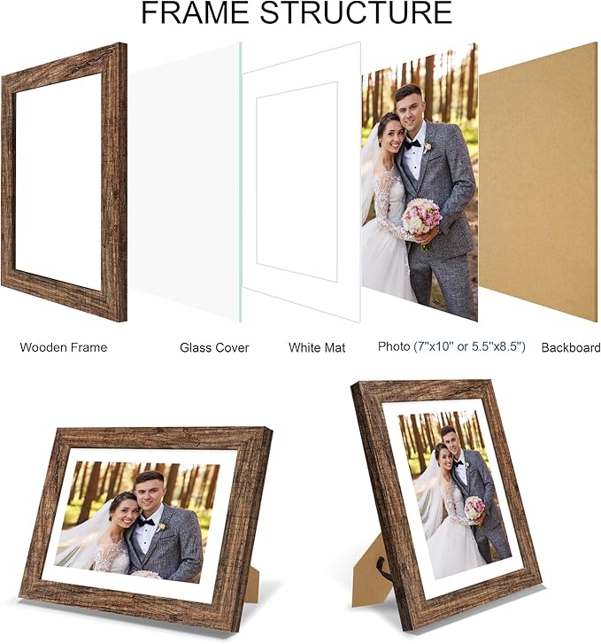 7x10 Picture Frame Set of 4, Made of Real Glass and Rustic Brown Frame - Display Picture 5.5x8.5 with Mat or 7x10 Without Mat, 7 by 10 Photo for Wall or Tabletop