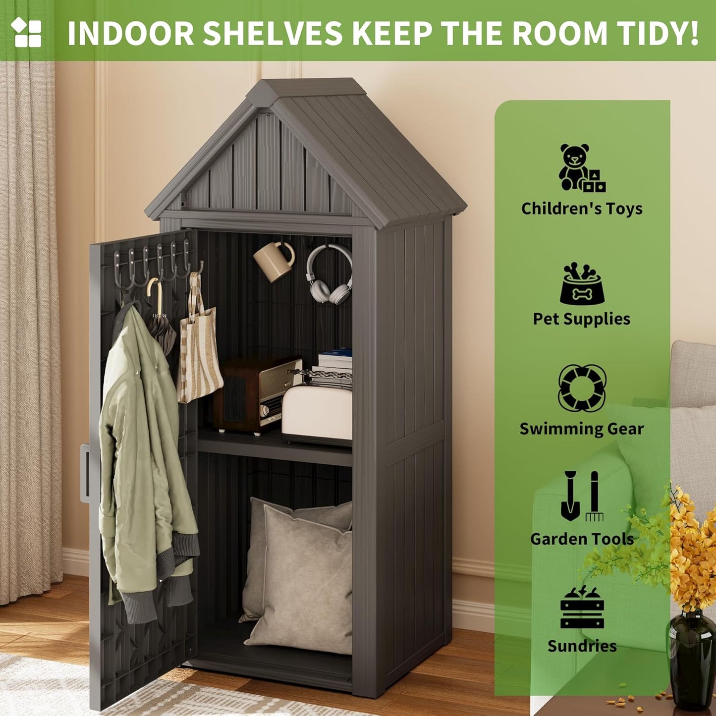 Shed Outdoor Storage Shed with Sloping Roof and Lockable Door, Resin Outdoor Storage Box Cabinet Waterproof and Multiple Hooks for Backyard, Patio, Poolside, Grey