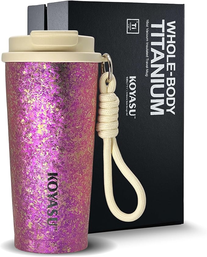 KOYASU 16oz Whole-Body Titanium Travel Mug – Double-Wall Insulated Cup, Leak-Proof Lid, Lightweight & Reusable, BPA-Free Tumbler, Wide Mouth, Durable, Hot 6H/Cold 24H, for Commute or Camping (Pink)