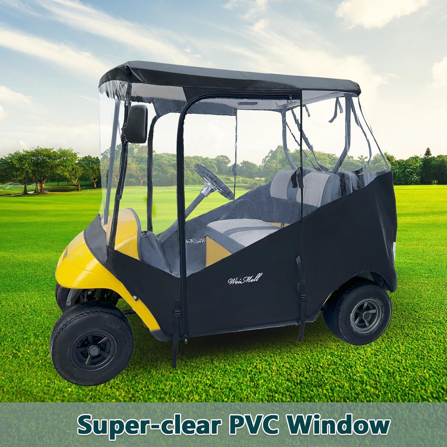 Golf Cart Enclosure Fit for EZGO TXT EZGO RXV 2 Passenger 2-Person Seaters Waterproof Transparent Driving Rain Enclosure Cover 4-Sided Clear Window Roll-up Zipper Door Black