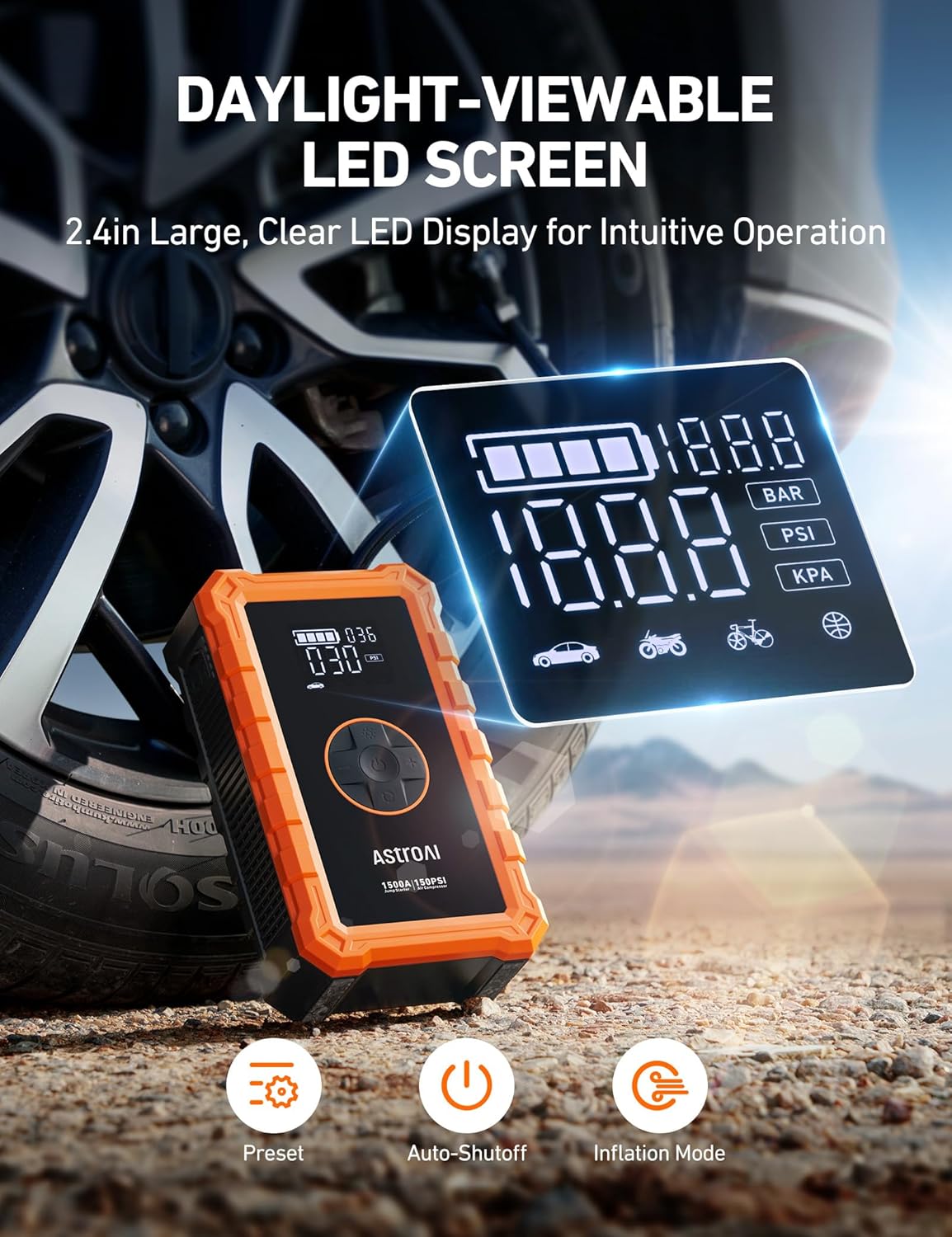 AstroAI S8 Air Jump Starter with Air Compressor, 1500A Peak Car Battery Jump Starter Portable (6.0 Gas/3.0L Diesel) with 150PSI Cordless Auto-Shutoff Tire Inflator, 12V Battery Charger Booster(Orange)