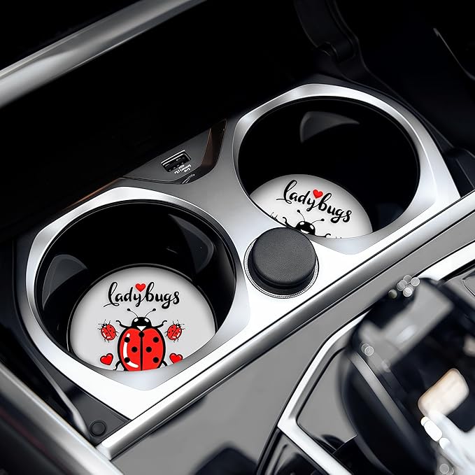 2 Pack Ladybugs Car Cup Holder Coaster, Cute Car Interior Accessories Drink Coaster for Women & Men, Ladybugs Lovers Themed Gifts Stuff Accessories Things Merchandise Items!
