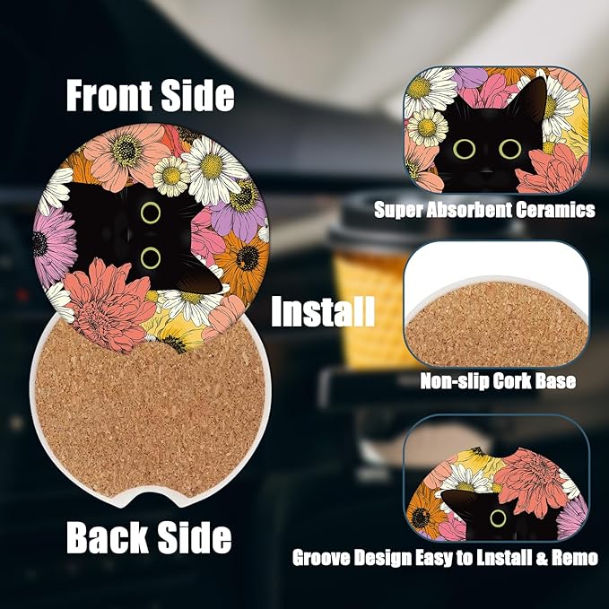 Car Cup Holder Coaster - Black Cat Flower Absorbent Ceramic Coaster 2 Pack, Car Coasters for Cup Holders, Fashion Car Interior Accessories Drink Coaster for Women & Men
