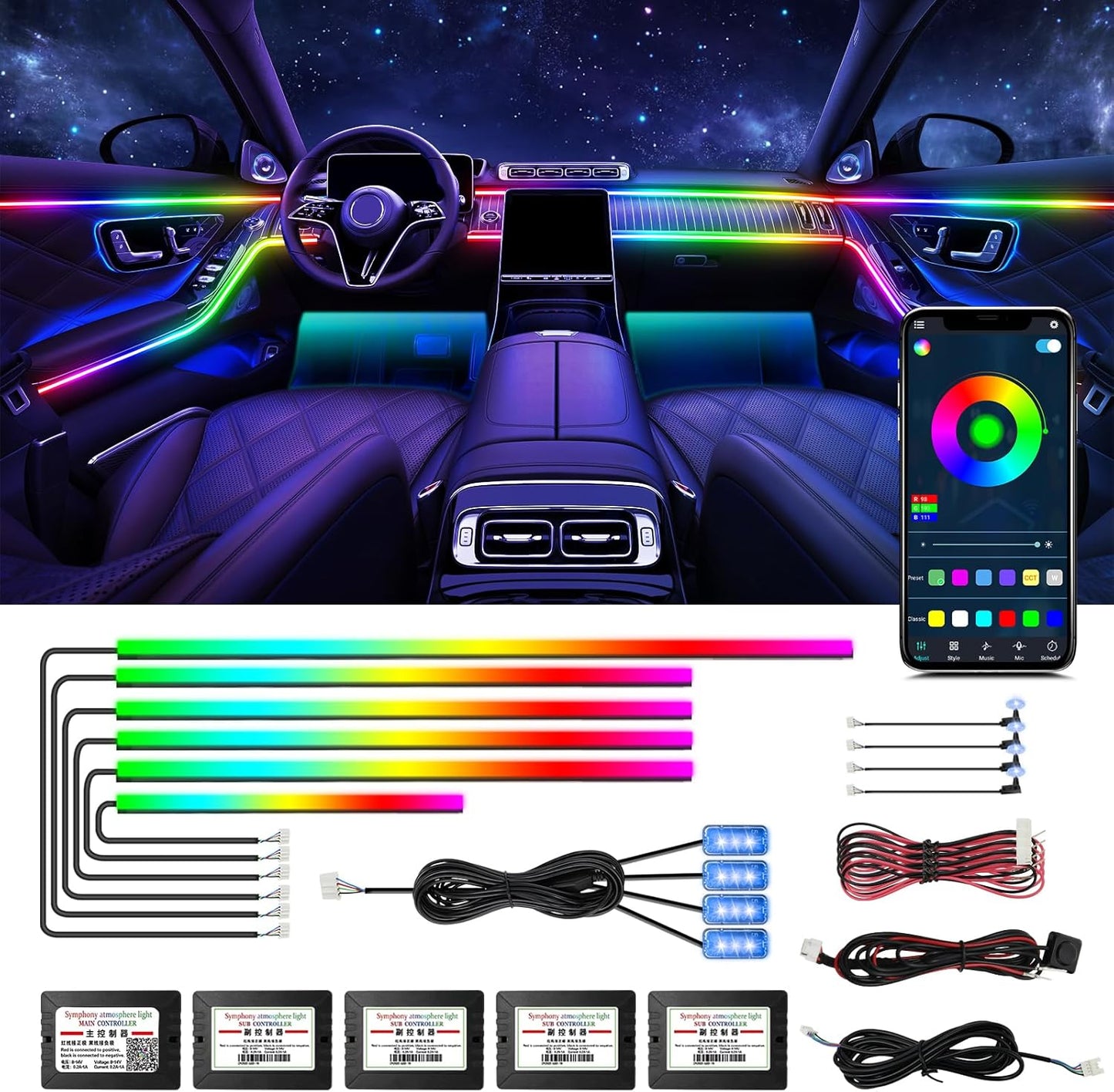 WEBUPAR Dreamcolor Acrylic Interior Car Lights, 14 in 1 RGB LED Strip Lights with APP Control and 213 Color Modes, Decorative Car Ambient Lighting Kits