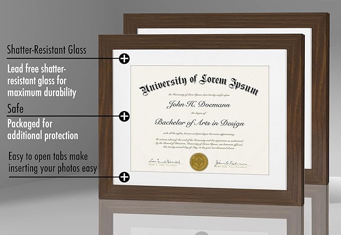 Americanflat 11x14 Walnut Diploma Frame - Displays 8.5x11 Diplomas with Mat or 11x14 Inch Without Mat - Shatter-Resistant Glass. Hanging Hardware Included! (2 Pack)