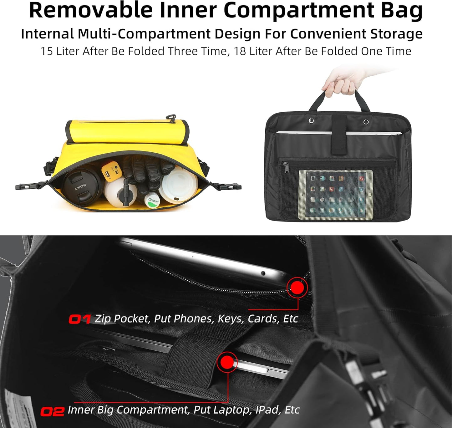 Rhinowalk Motorcycle Saddlebag 15L Waterproof Luggage Bag Quick Release Motorcycle Side Bag Fits Most Adventure and Sports Bike Motor Racks (Black, 1 Pack)