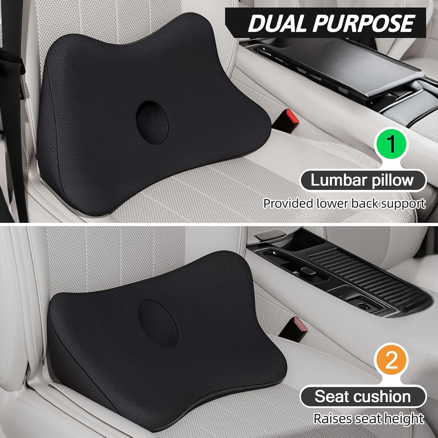 Benazcap Lumbar Support Pillow for Car, Lower Back Support Pillow for Sciatica & Back Pain Relief, 2 in 1 Memory Foam Seat Cushion for Office Chair, Car Seat - Black