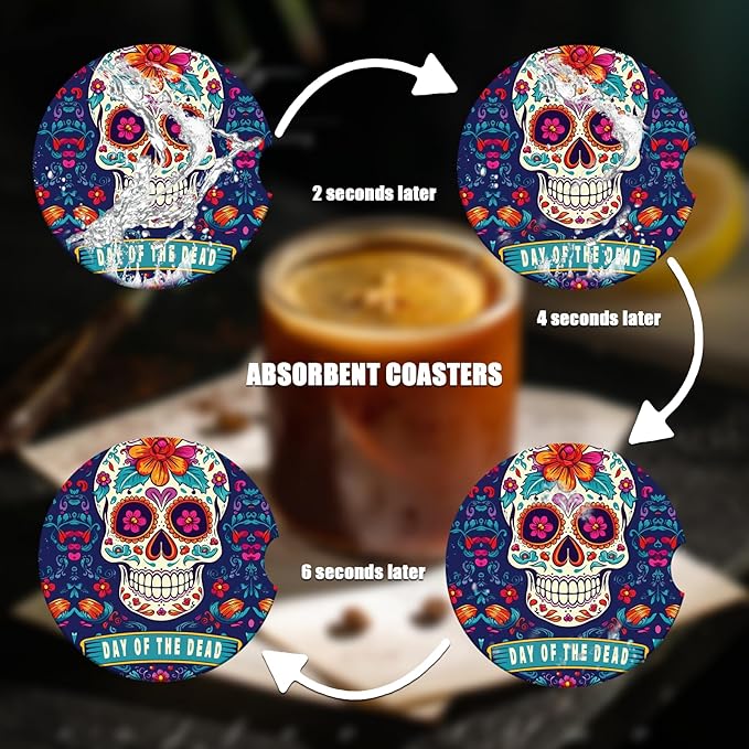 Car Cup Holder Coaster - Sugar Skull Absorbent Ceramic Coaster, Dia de Los Muertos Drink Cup Holder Coasters, Auto Interior Accessories, Drink Cup Holder Coasters for Women & Men Pack of 2