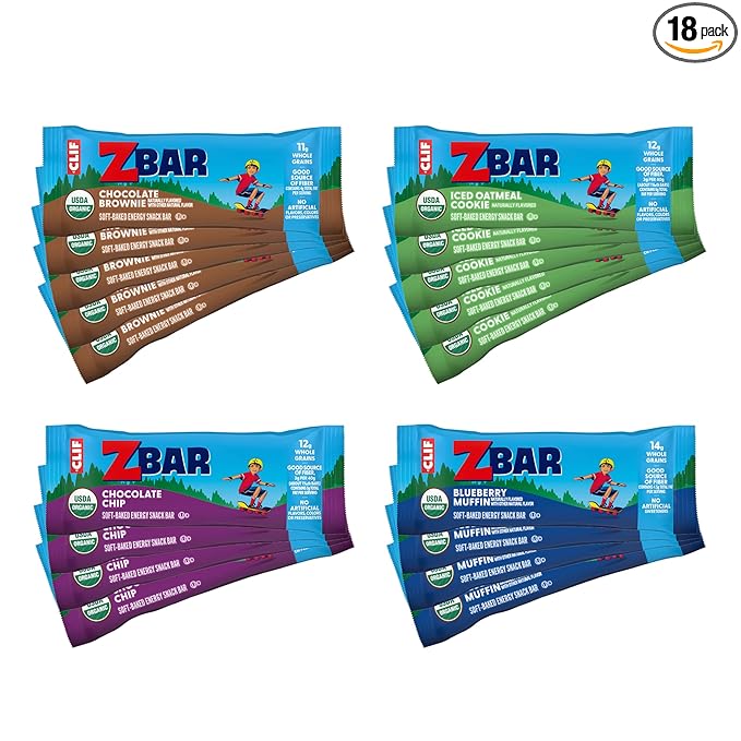 Zbar - Variety Pack - 4 Flavors - Soft Baked Snack Bars - Non-GMO - 10-14g Whole Grains - USDA Organic Granola Bars, School Snacks (18 Pack)