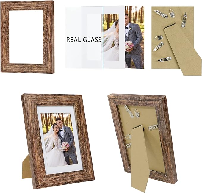 4x6 Picture Frame Set of 4, with Real Glass and Rustic Brown Wooden Frame, 4 by 6 Photo for Wall or Tabletop - Display Picture 3.5x5 with Mat or 4x6 Without Mat