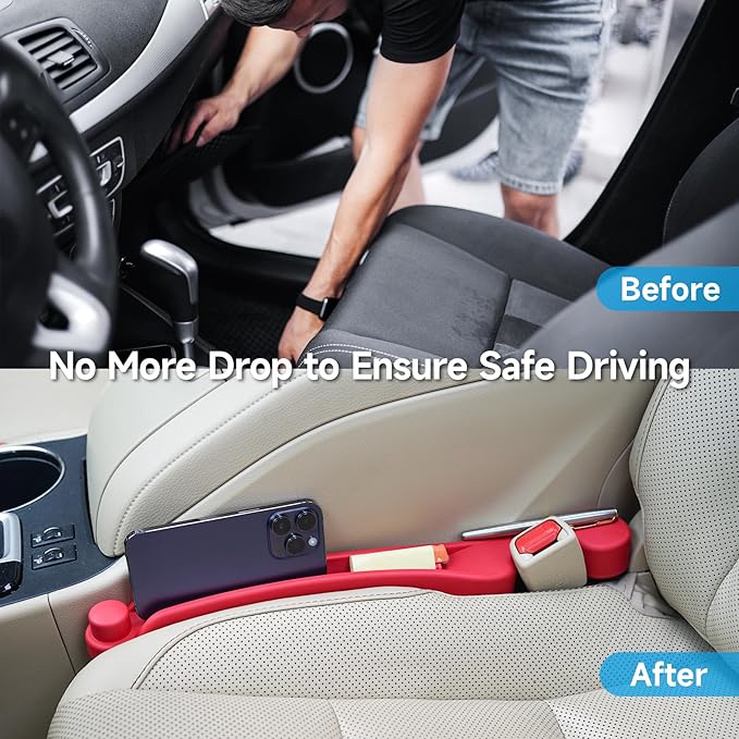 Car Seat Gap Filler Set of 2, 3IN1 Seat Side Gap Filler Plug with Storage Slot & Hook Function, Soft Foam Universal Fit Car SUV Truck Fill Gap Between Seats Console Organizer（Standard Red）