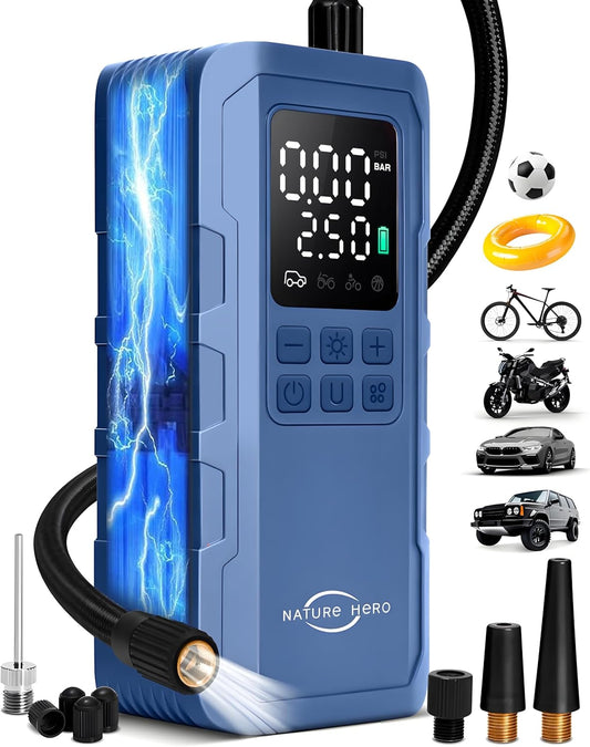 Tire Inflator Portable Air Compressor,150 PSI car tire air pump portable with Digital LCD Pressure Gauge,Electric Air Pump for Motorcycle Tires,Bicycle Tires and Balls,Blue