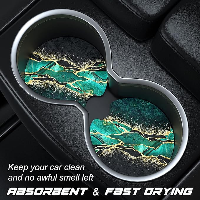 Car Cup Holder Coasters, 2 Pack Universal Auto Anti Slip Insert Coaster with A Finger Notch, Cute Car Assecories for Women Men, Cup Mat for Most Interior, Luxury Teal Marble