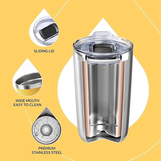 Ideus 20 oz Tumbler, Travel Coffee Mug with Splash Proof Sliding Lid, Double Wall Stainless Steel Vacuum Insulated Coffee Mug for Home and Office, Keep Beverages Hot or Cold (Light Yellow)