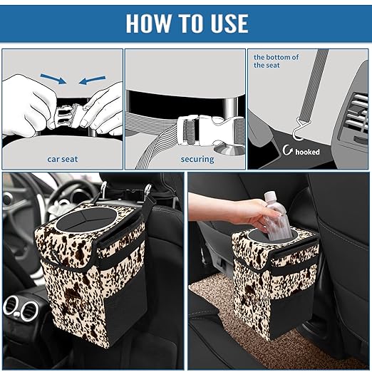 Brown Western Cow Print Car Trash Can with Lid - Collapsible Reusable Waterproof Automotive Garbage Can