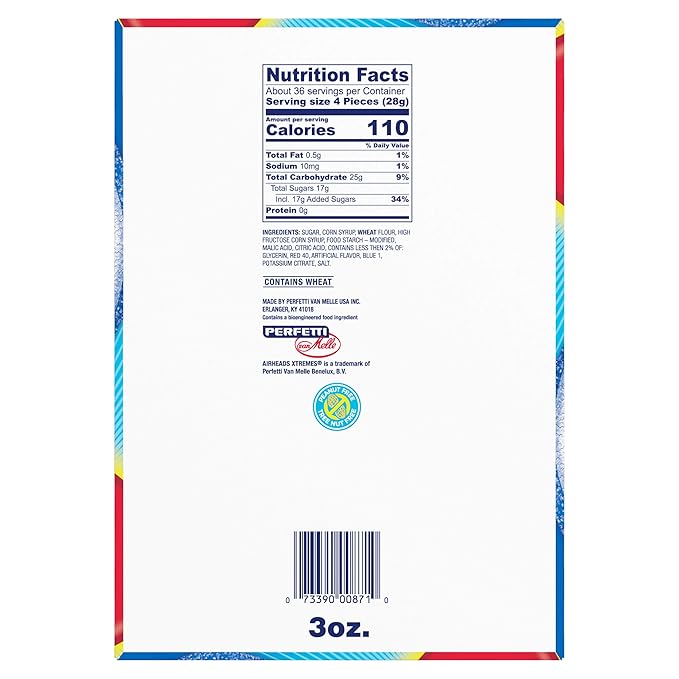 Airheads Candy, Xtremes Belts, Bluest Raspberry Flavor, Sweetly Sour, Non-Melting, Movie Theater, 3oz Packs, Box of 12 Packs