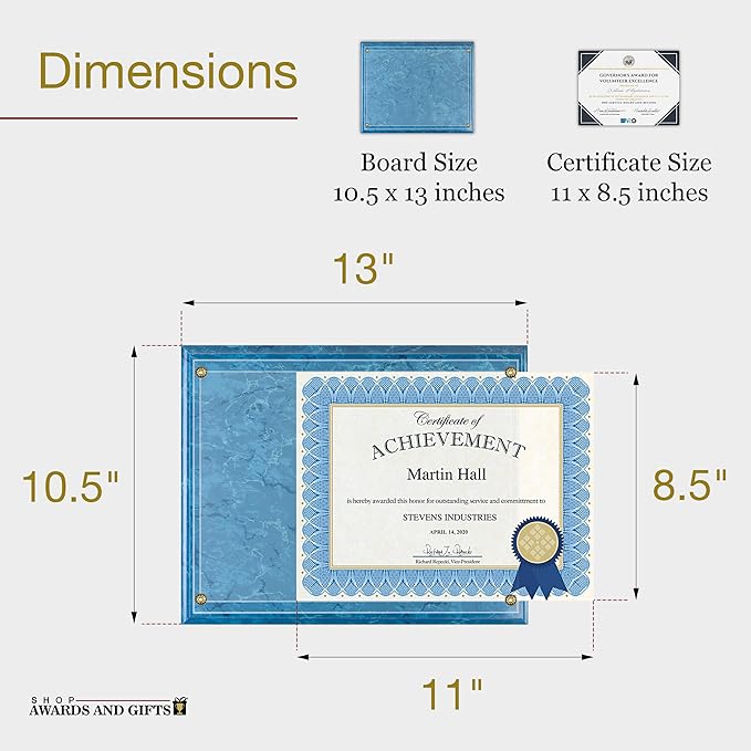 SHOP AWARDS AND GIFTS 8.5 x 11 Certificate Frame Holder, Slide in Wall Plaque Display, 10.5 x 13 Inch Board, Blue