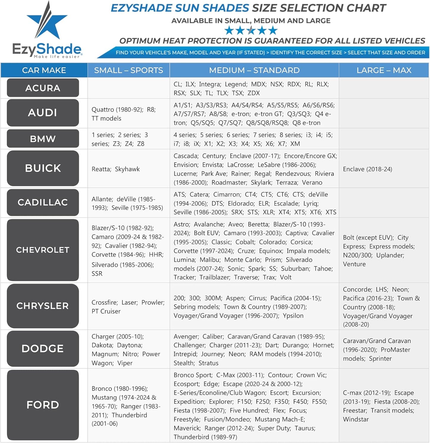 EzyShade Windshield Sun Shade with Shield-X Reflective Technology. See Size-Chart with Your Vehicle. Foldable 2-Piece Car Sunshades Reflect UV Sun and Heat and Protect Your Car. Standard (Medium) Size