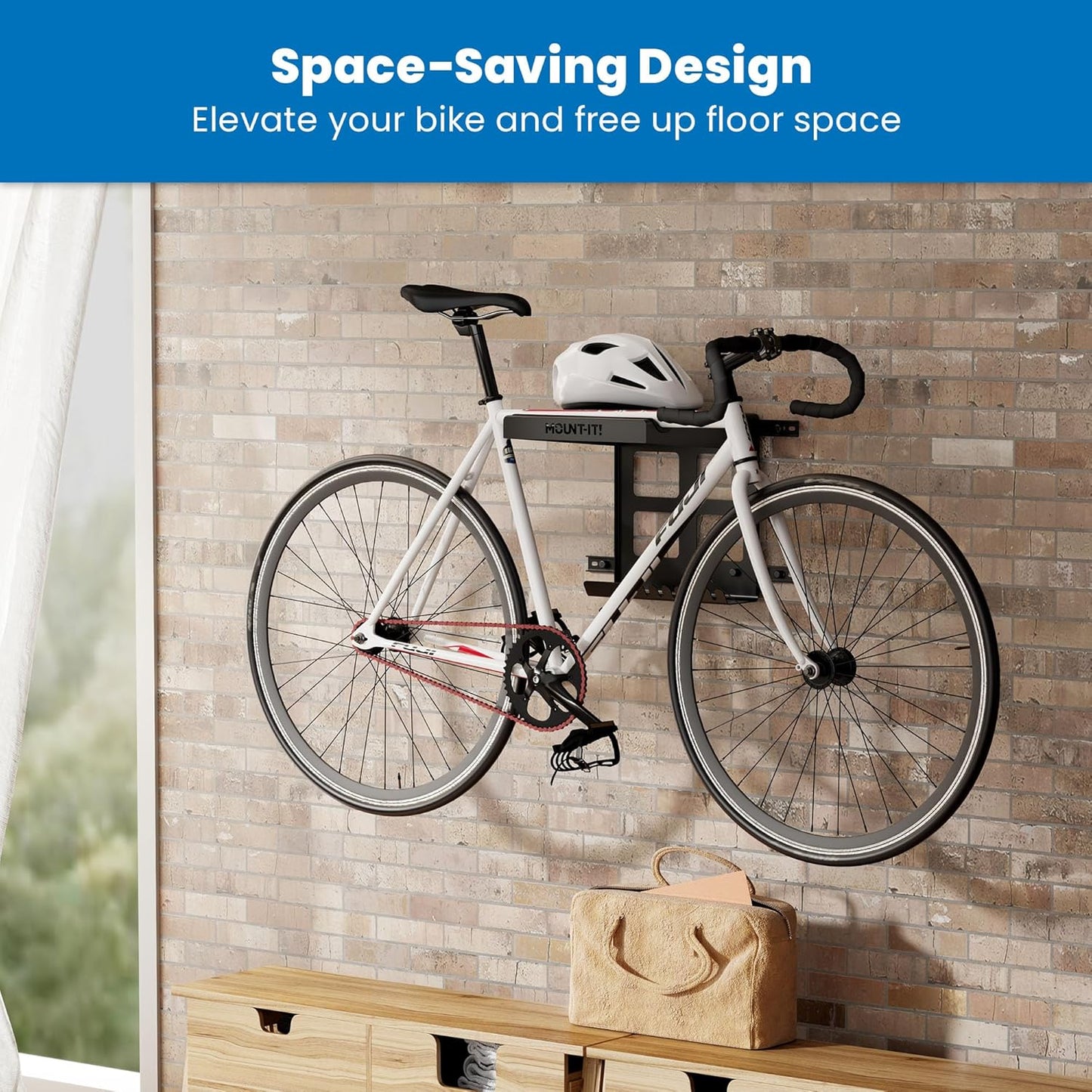 Mount-It! Bike Wall Mount Rack with Shelf and Hooks, Horizontal Indoor Bike Rack Garage Home, Space Saving Wall Mounted Hanger for a Single Road, Mountain or Other Bicycle with Extra Storage, Black