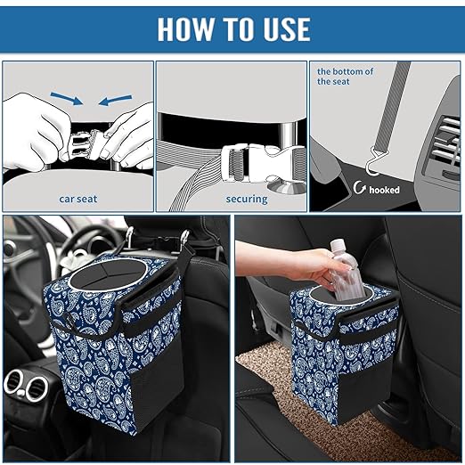 Car Trash Can Vintage Indian Paisley Navy Blue Auto Garbage Bag Car Trash Can with Lid Leak-Proof Car Storage Bag Garbage can Hanging for Headrest Collapsible and Portable with Storage Mesh Pocket
