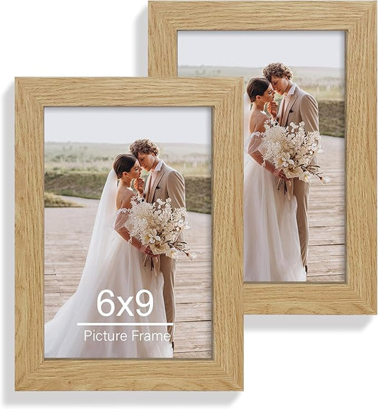6x9 Picture Frame Set of 2, Made of Real Glass and Natural Oak Wooden Frame - 6 by 9 Photo for Wall or Tabletop Display