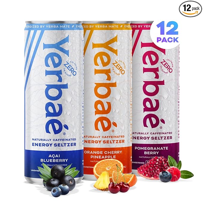 Yerbaé Energy Seltzer - Variety Performance Pack. No Sugar/Calories/Carbs. Energized by Yerba Mate Naturally Caffeinated Plant-Based, Healthy Alternative to Coffee/Sugary Sodas, Pack of 12, 12oz cans