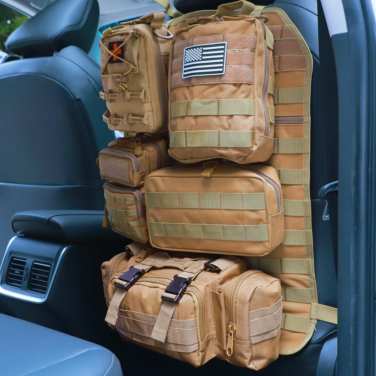 Universal Tactical Seat Back Organizer Vehicle Molle Panel Organizer Storage Bag with 5 Detachable Molle Pouch for All Vehicel Such as Jeep,Truck,SUV, Car, Ford,Chevy etc