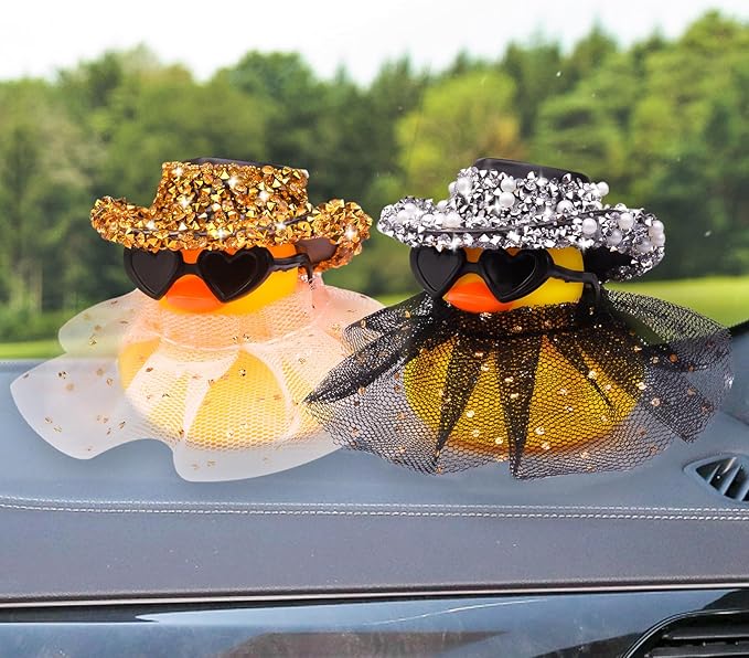 Car Rubber Duck Ornament Cute Duck Car Dashboard Decoration Accessories with Mini Hat Sunglasses and Skirt(AA9)